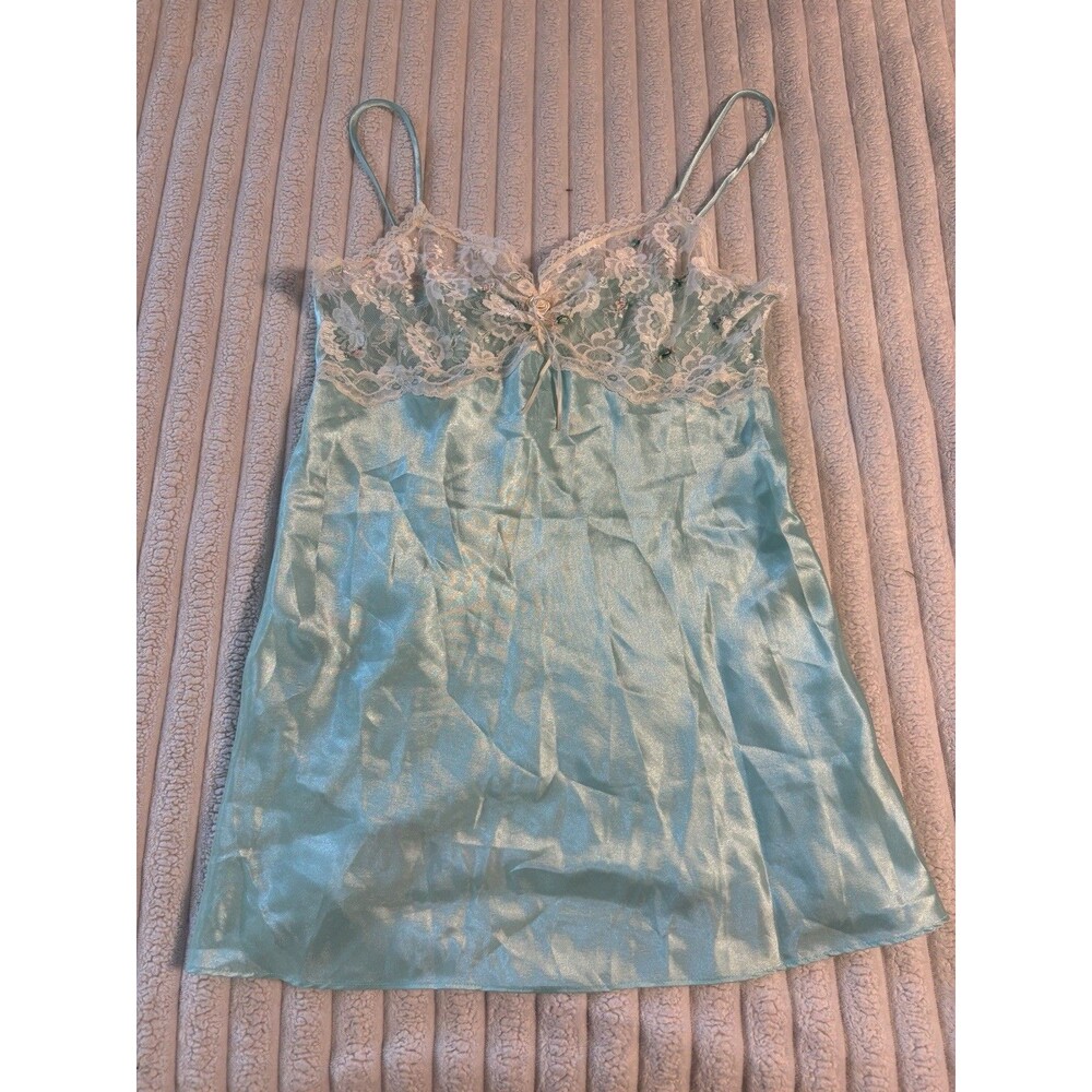 Vintage Circa 2000 Camisole Lingerie Lace Floral women’s Large teal Blue Fairy